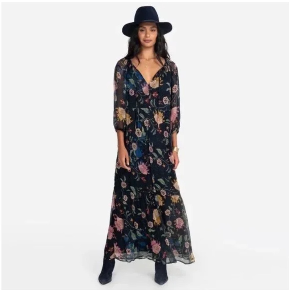 JOHNNY WAS NAVY BLUE GREEN FLORAL PRINT SILK SHEER LONG SLEEVE TAURI MAXI DRESS - Picture 2 of 13